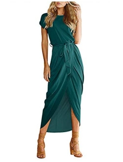 AUSELILY Womens Casual Summer Cap Short Sleeve Loose Slit Solid Party Long Maxi Dress with Belt