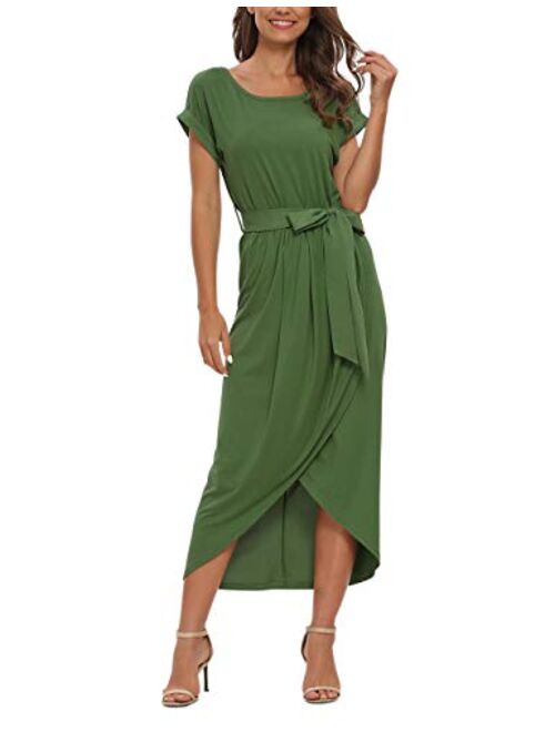 AUSELILY Womens Casual Summer Cap Short Sleeve Loose Slit Solid Party Long Maxi Dress with Belt