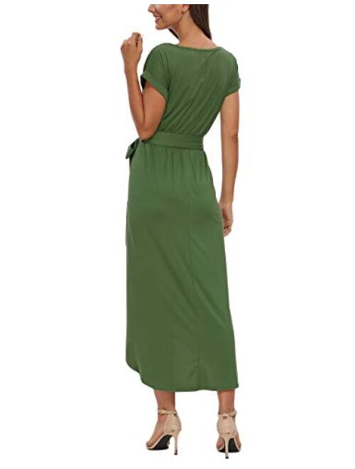 AUSELILY Womens Casual Summer Cap Short Sleeve Loose Slit Solid Party Long Maxi Dress with Belt