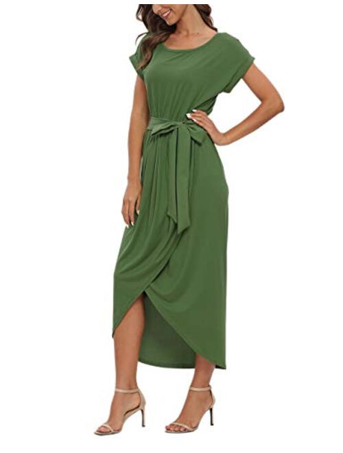 AUSELILY Womens Casual Summer Cap Short Sleeve Loose Slit Solid Party Long Maxi Dress with Belt