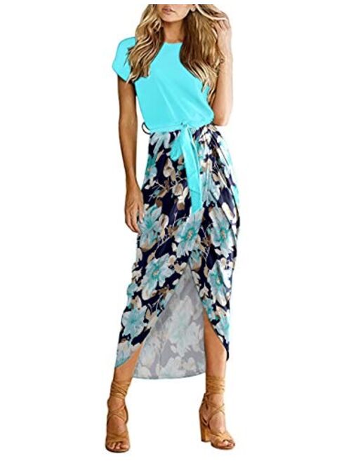 AUSELILY Womens Casual Summer Cap Short Sleeve Loose Slit Solid Party Long Maxi Dress with Belt