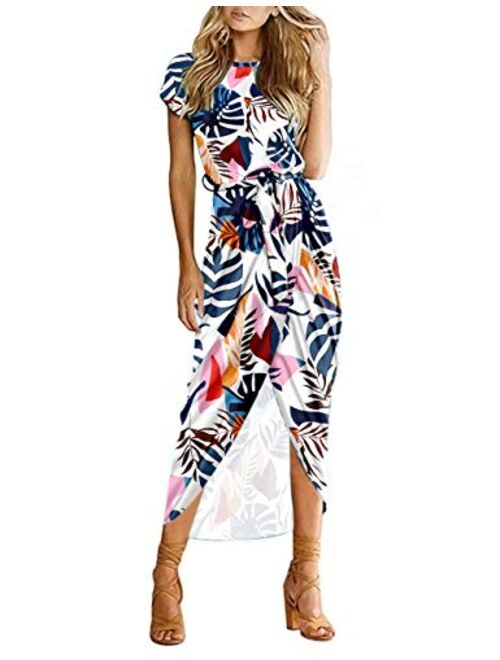 AUSELILY Womens Casual Summer Cap Short Sleeve Loose Slit Solid Party Long Maxi Dress with Belt