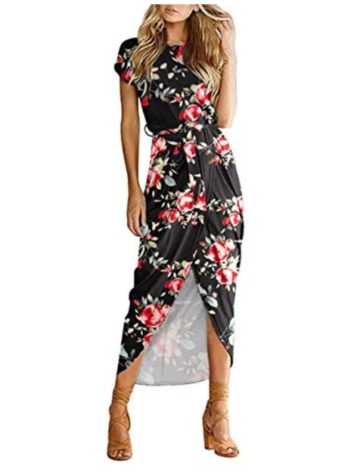 AUSELILY Womens Casual Summer Cap Short Sleeve Loose Slit Solid Party Long Maxi Dress with Belt