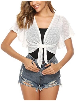 Women Tie Front Chiffon Shrug Short Sleeve Cropped Sheer Bolero Shrug Cardigan