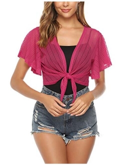 Women Tie Front Chiffon Shrug Short Sleeve Cropped Sheer Bolero Shrug Cardigan