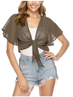 Women Tie Front Chiffon Shrug Short Sleeve Cropped Sheer Bolero Shrug Cardigan