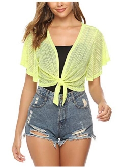 Women Tie Front Chiffon Shrug Short Sleeve Cropped Sheer Bolero Shrug Cardigan