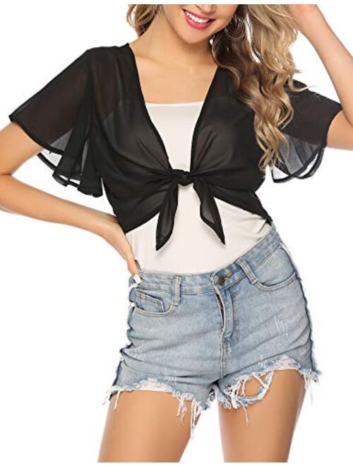 iClosam Women Tie Front Chiffon Shrug Short Sleeve Cropped Sheer Bolero Shrug Cardigan