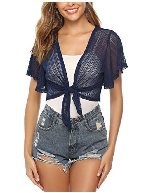 iClosam Women Tie Front Chiffon Shrug Short Sleeve Cropped Sheer Bolero Shrug Cardigan