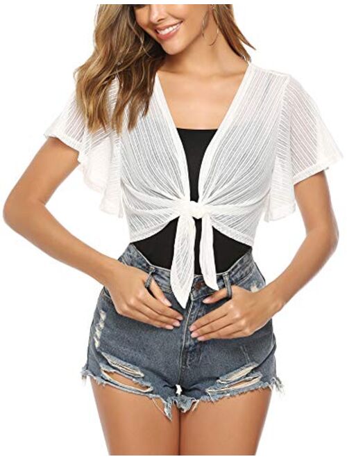 iClosam Women Tie Front Chiffon Shrug Short Sleeve Cropped Sheer Bolero Shrug Cardigan