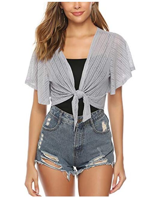 iClosam Women Tie Front Chiffon Shrug Short Sleeve Cropped Sheer Bolero Shrug Cardigan