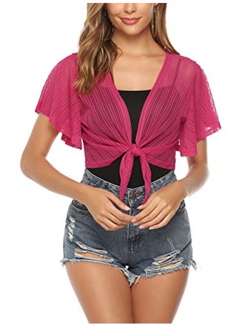 iClosam Women Tie Front Chiffon Shrug Short Sleeve Cropped Sheer Bolero Shrug Cardigan