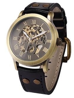 AMPM24 Steampunk Vintage Bronze Case Automatic Mechanical Skeleton Leather Band Men's Sport Watch