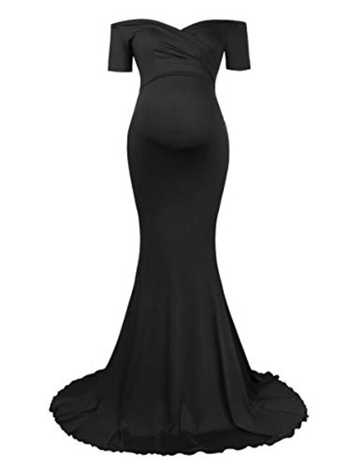 Molliya Maternity Long Dress Off Shoulder Elegant Fitted Gown Stretchy Maxi Photography Dress