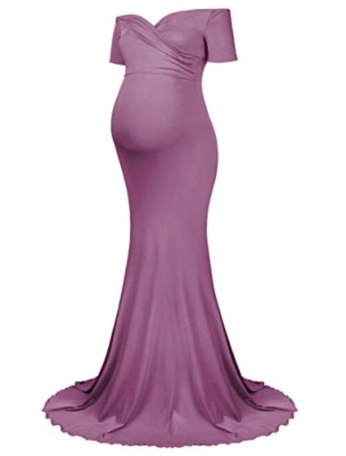 Molliya Maternity Long Dress Off Shoulder Elegant Fitted Gown Stretchy Maxi Photography Dress