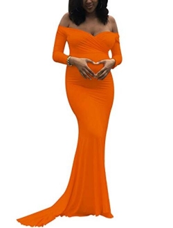 Maternity Elegant Fitted Maternity Gown Long Sleeve Slim Fit Maxi Photography Dress