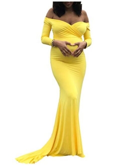 Maternity Elegant Fitted Maternity Gown Long Sleeve Slim Fit Maxi Photography Dress