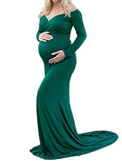 Maternity Elegant Fitted Maternity Gown Long Sleeve Slim Fit Maxi Photography Dress