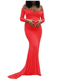 Maternity Elegant Fitted Maternity Gown Long Sleeve Slim Fit Maxi Photography Dress