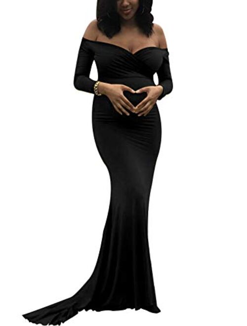 Saslax Maternity Elegant Fitted Maternity Gown Long Sleeve Slim Fit Maxi Photography Dress