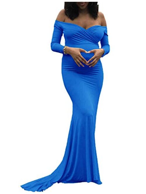 Saslax Maternity Elegant Fitted Maternity Gown Long Sleeve Slim Fit Maxi Photography Dress