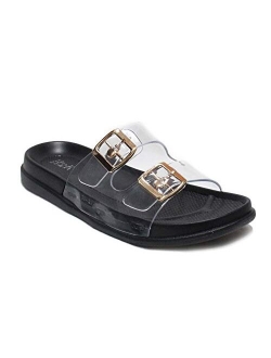 H2K Women's Lightweight Comfort Soft Slides EVA Adjustable Double Buckle Flat Sandals Buddy