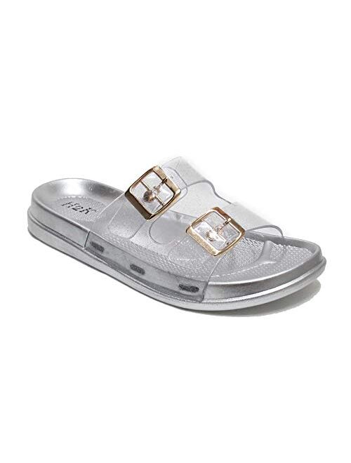 H2K Women's Lightweight Comfort Soft Slides EVA Adjustable Double Buckle Flat Sandals Buddy