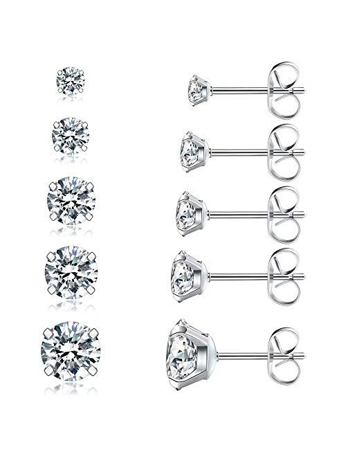 5 Pairs Stud Earrings Set, Hypoallergenic Cubic Zirconia 316L Earrings Stainless Steel CZ Earrings 3-8mm, Rose Gold