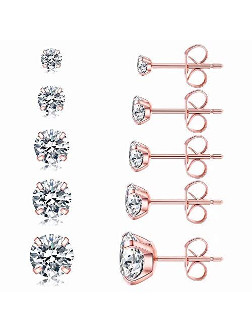 5 Pairs Stud Earrings Set, Hypoallergenic Cubic Zirconia 316L Earrings Stainless Steel CZ Earrings 3-8mm, Rose Gold