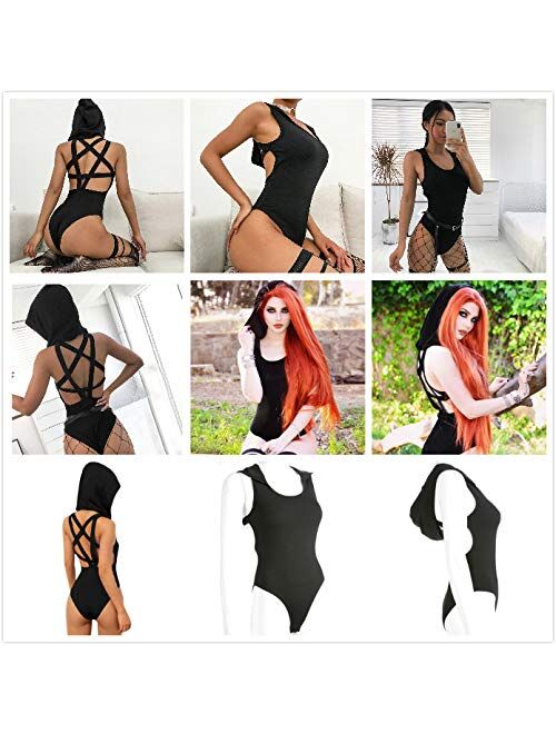 Women Rave Pentagram Bodysuit Jumpsuit Sexy Hoodie Festival Clothing Romper for Dance Party Clubwear