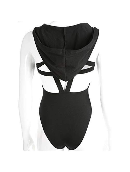 Women Rave Pentagram Bodysuit Jumpsuit Sexy Hoodie Festival Clothing Romper for Dance Party Clubwear