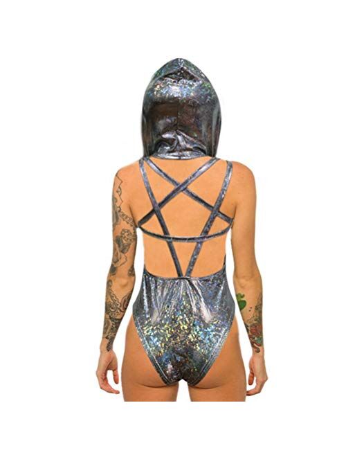 Women Rave Pentagram Bodysuit Jumpsuit Sexy Hoodie Festival Clothing Romper for Dance Party Clubwear