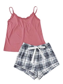 Women's Sleepwear Set Plaid Print Cami Top and Elastic Waist Short Pajama Set