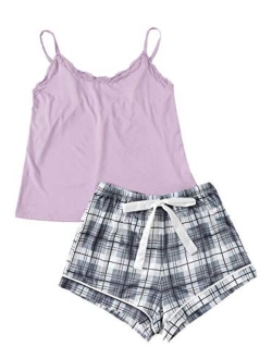 Women's Sleepwear Set Plaid Print Cami Top and Elastic Waist Short Pajama Set