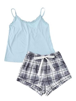 Women's Sleepwear Set Plaid Print Cami Top and Elastic Waist Short Pajama Set