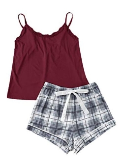 Women's Sleepwear Set Plaid Print Cami Top and Elastic Waist Short Pajama Set