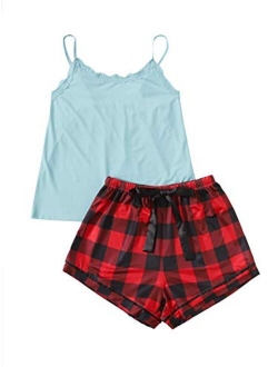 Women's Sleepwear Set Plaid Print Cami Top and Elastic Waist Short Pajama Set