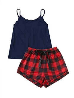 Women's Sleepwear Set Plaid Print Cami Top and Elastic Waist Short Pajama Set