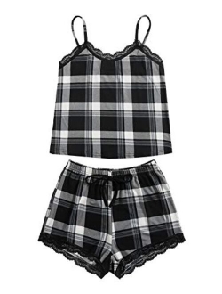 Women's Sleepwear Set Plaid Print Cami Top and Elastic Waist Short Pajama Set