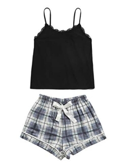 Women's Sleepwear Set Plaid Print Cami Top and Elastic Waist Short Pajama Set