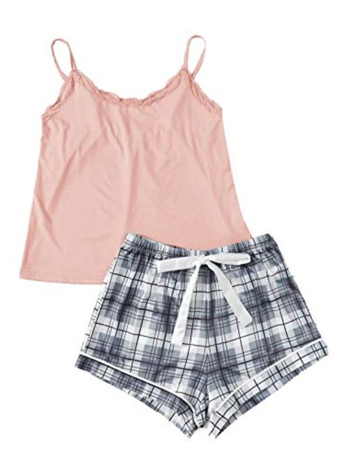 SweatyRocks Women's Sleepwear Set Plaid Print Cami Top and Elastic Waist Short Pajama Set