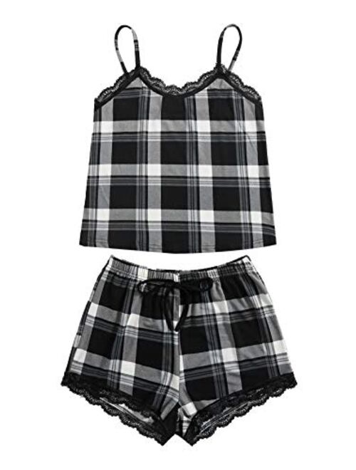 SweatyRocks Women's Sleepwear Set Plaid Print Cami Top and Elastic Waist Short Pajama Set