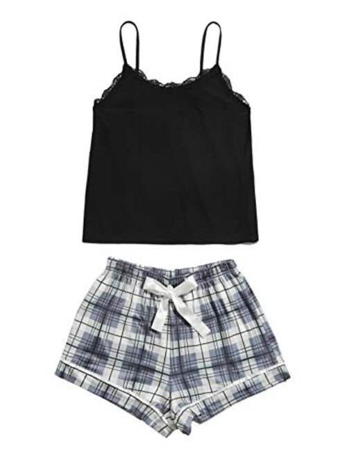 SweatyRocks Women's Sleepwear Set Plaid Print Cami Top and Elastic Waist Short Pajama Set