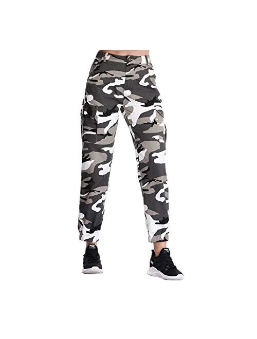 ZODLLS Women's Camo Pants Cargo Trousers Cool Camouflage Pants Elastic Waist Casual Multi Outdoor Jogger Pants with Pocket