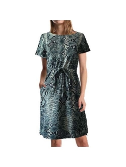 Soatrld Women's MiDi Dress O Neck Short Sleeve Casual Summer Dress with Elastic Waist and Side Pockets