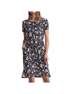 Soatrld Women's MiDi Dress O Neck Short Sleeve Casual Summer Dress with Elastic Waist and Side Pockets