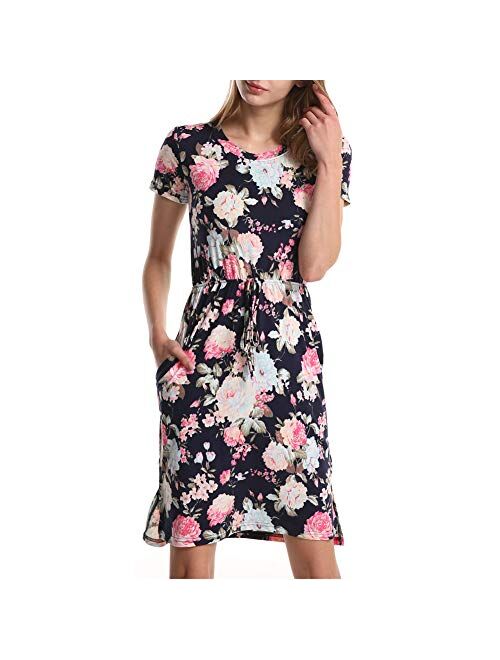 Soatrld Women's MiDi Dress O Neck Short Sleeve Casual Summer Dress with Elastic Waist and Side Pockets