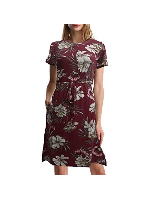 Soatrld Women's MiDi Dress O Neck Short Sleeve Casual Summer Dress with Elastic Waist and Side Pockets