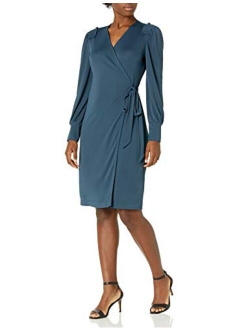 Amazon Brand - Lark & Ro Women's Matte Jersey Long Sleeve V-Neck Smocked Shoulder Detail Wrap Dress