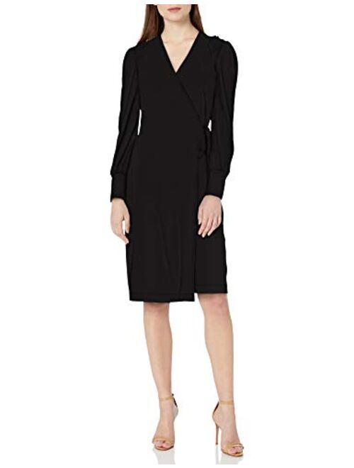 Amazon Brand - Lark & Ro Women's Matte Jersey Long Sleeve V-Neck Smocked Shoulder Detail Wrap Dress